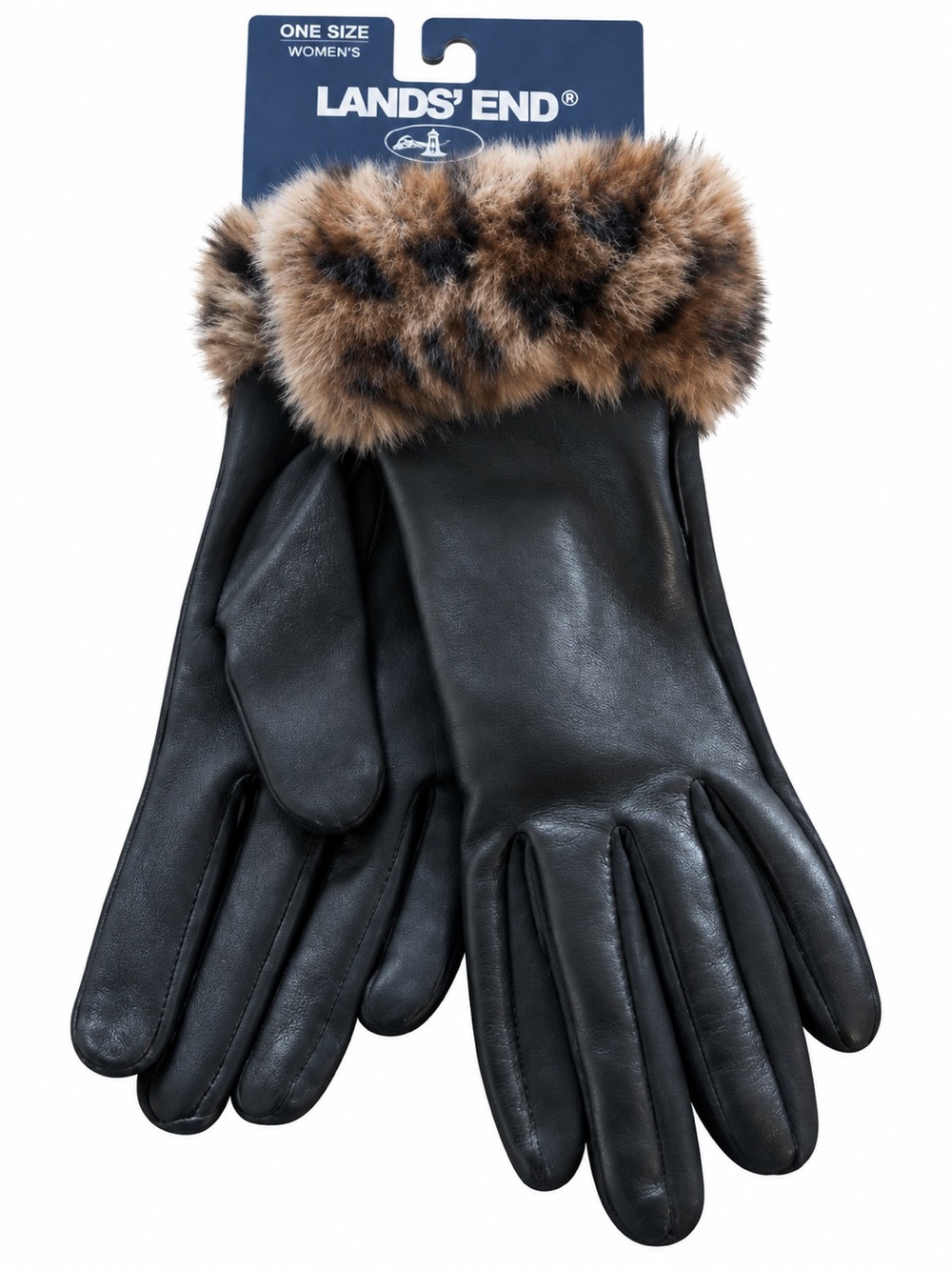 Lands’ End Black Gloves Leopard Print Furry Cuffs Women’s NWT
